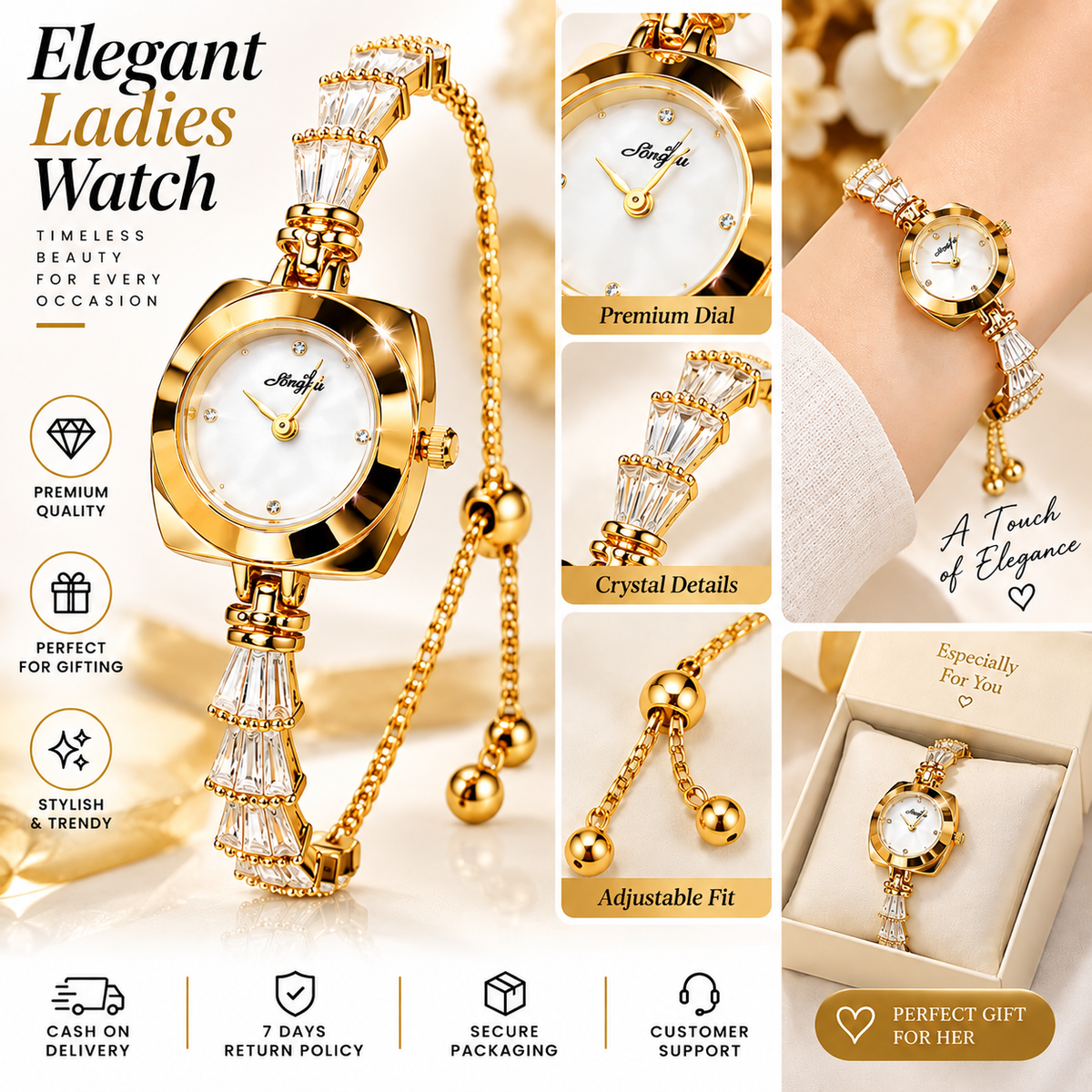 Golden Noir Crystal Watch – Elegant Ladies Luxury Watch