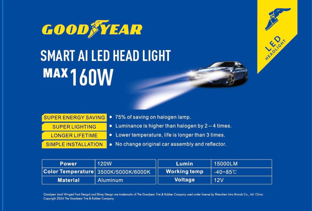 Goodyear  Smart AI High Power Dual Color Head Light Led  App Controlled 160Watt
